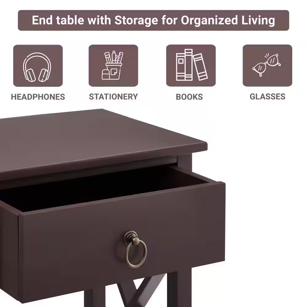 16 In. Espresso Narrow Wood End Table with Drawer and Shelf-Compact Side Table f
