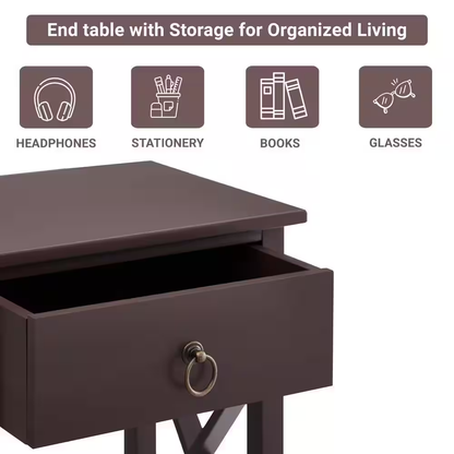 16 In. Espresso Narrow Wood End Table with Drawer and Shelf-Compact Side Table f