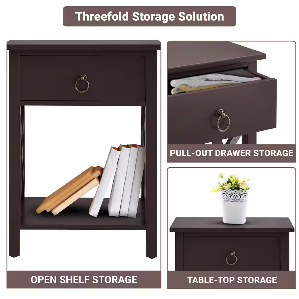 16 In. Espresso Narrow Wood End Table with Drawer and Shelf-Compact Side Table f