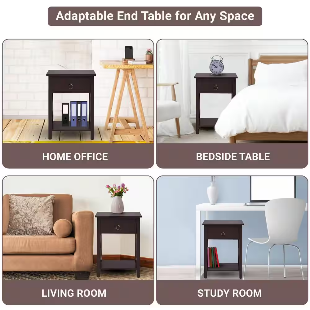 16 In. Espresso Narrow Wood End Table with Drawer and Shelf-Compact Side Table f