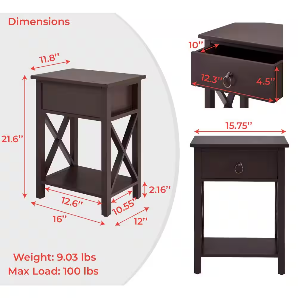 16 In. Espresso Narrow Wood End Table with Drawer and Shelf-Compact Side Table f