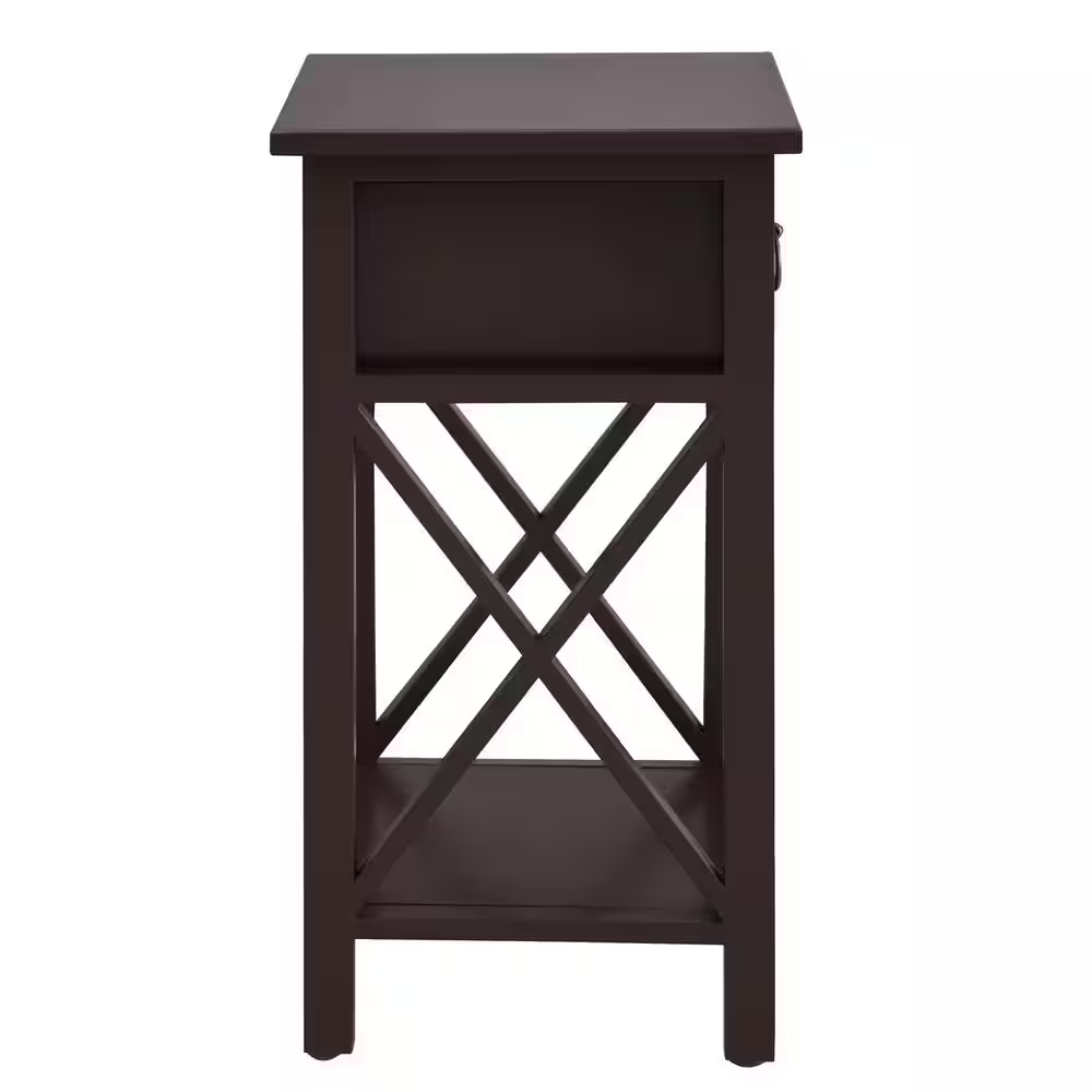 16 In. Espresso Narrow Wood End Table with Drawer and Shelf-Compact Side Table f