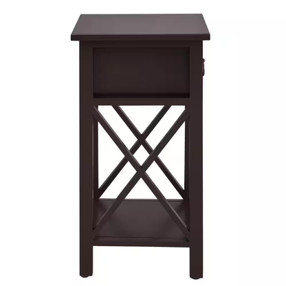 16 In. Espresso Narrow Wood End Table with Drawer and Shelf-Compact Side Table f