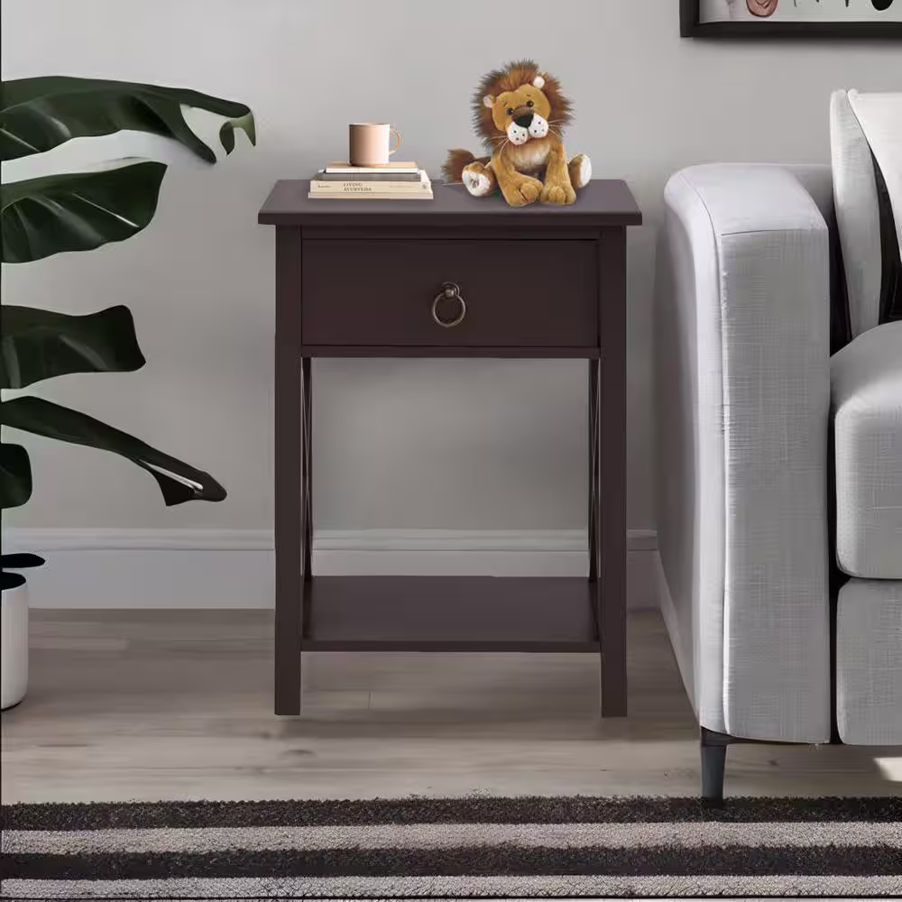 16 In. Espresso Narrow Wood End Table with Drawer and Shelf-Compact Side Table f