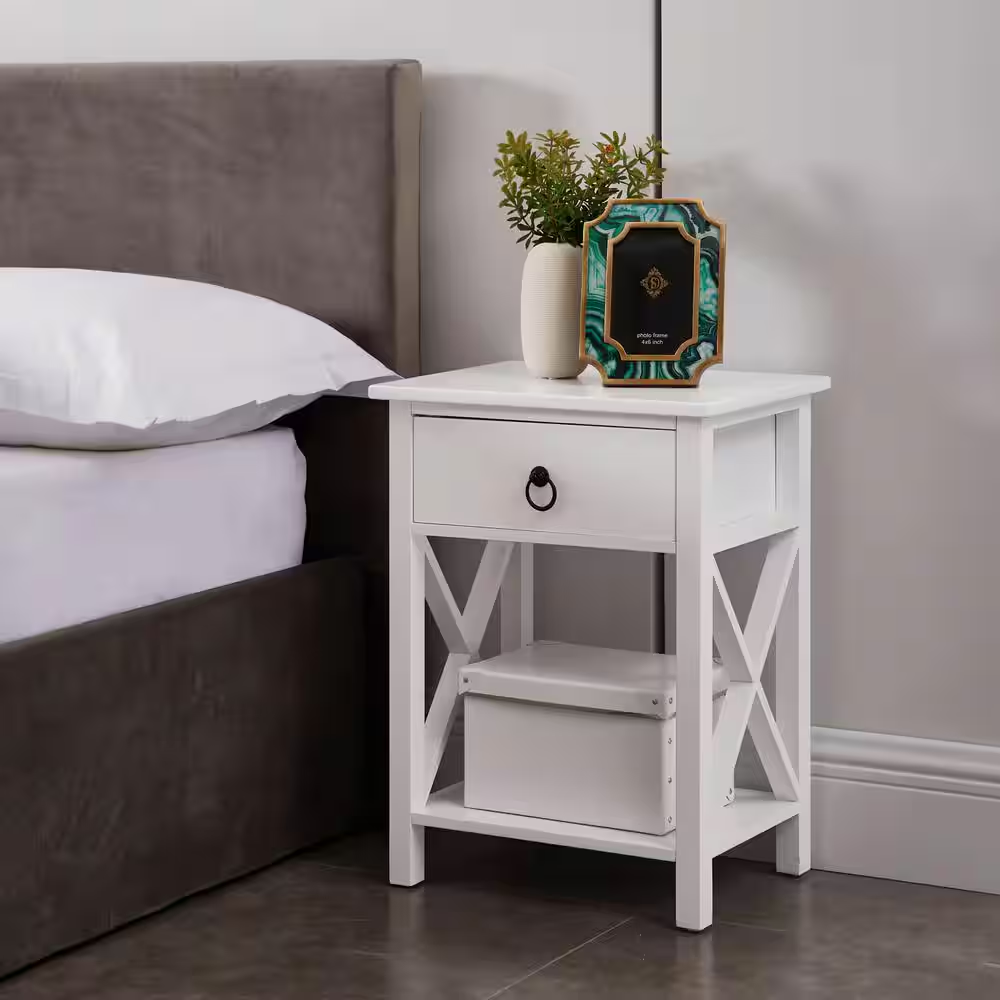 16 In. White Slim Wood End Table with Drawer and Shelf-Narrow Bedside Table for 
