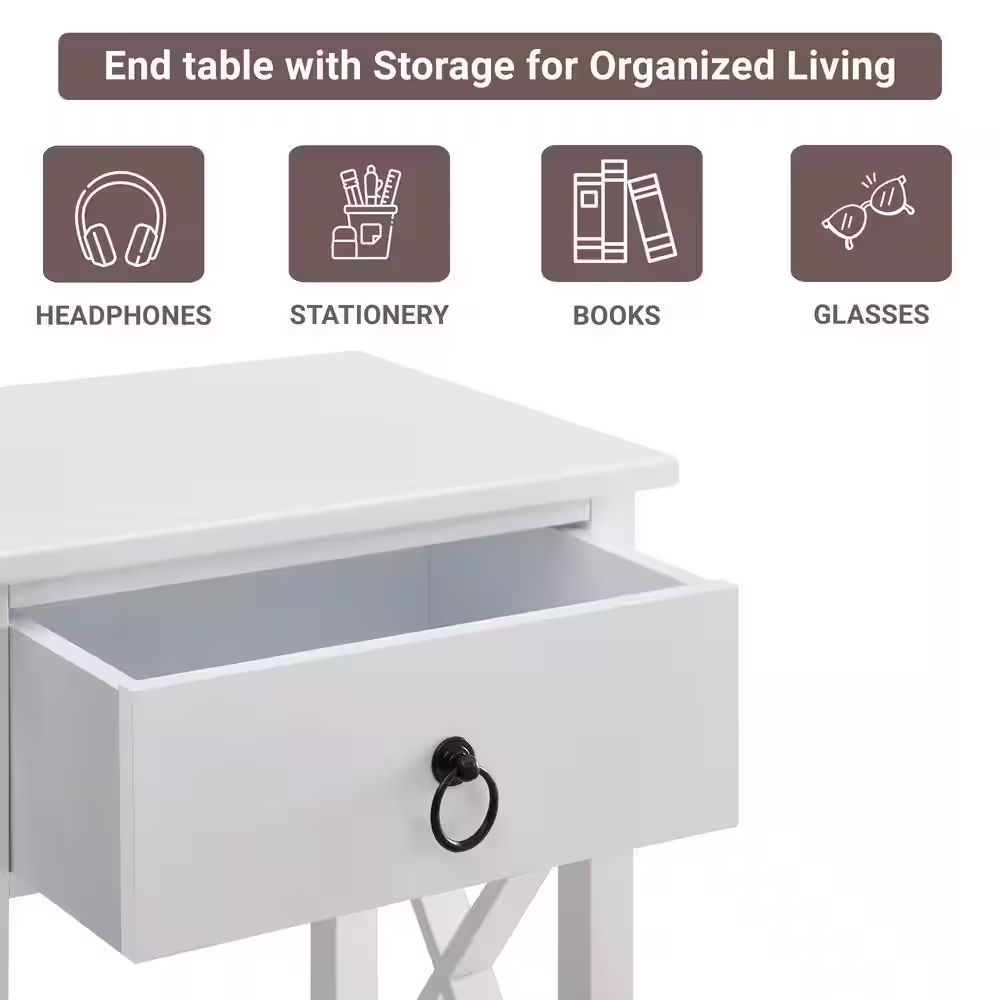 16 In. White Slim Wood End Table with Drawer and Shelf-Narrow Bedside Table for 
