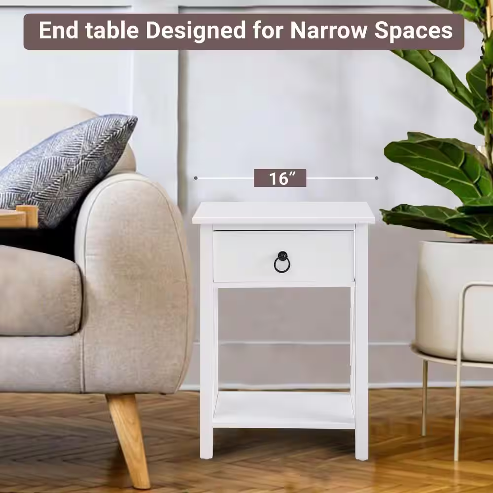 16 In. White Slim Wood End Table with Drawer and Shelf-Narrow Bedside Table for 