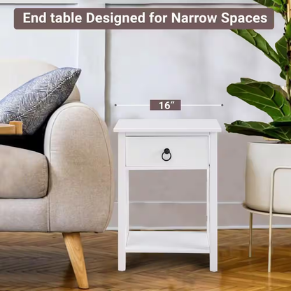 16 In. White Slim Wood End Table with Drawer and Shelf-Narrow Bedside Table for 
