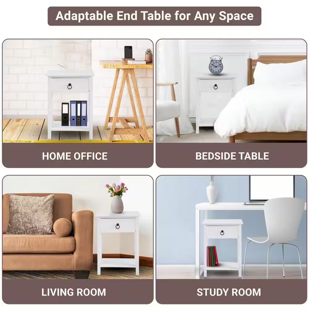 16 In. White Slim Wood End Table with Drawer and Shelf-Narrow Bedside Table for 