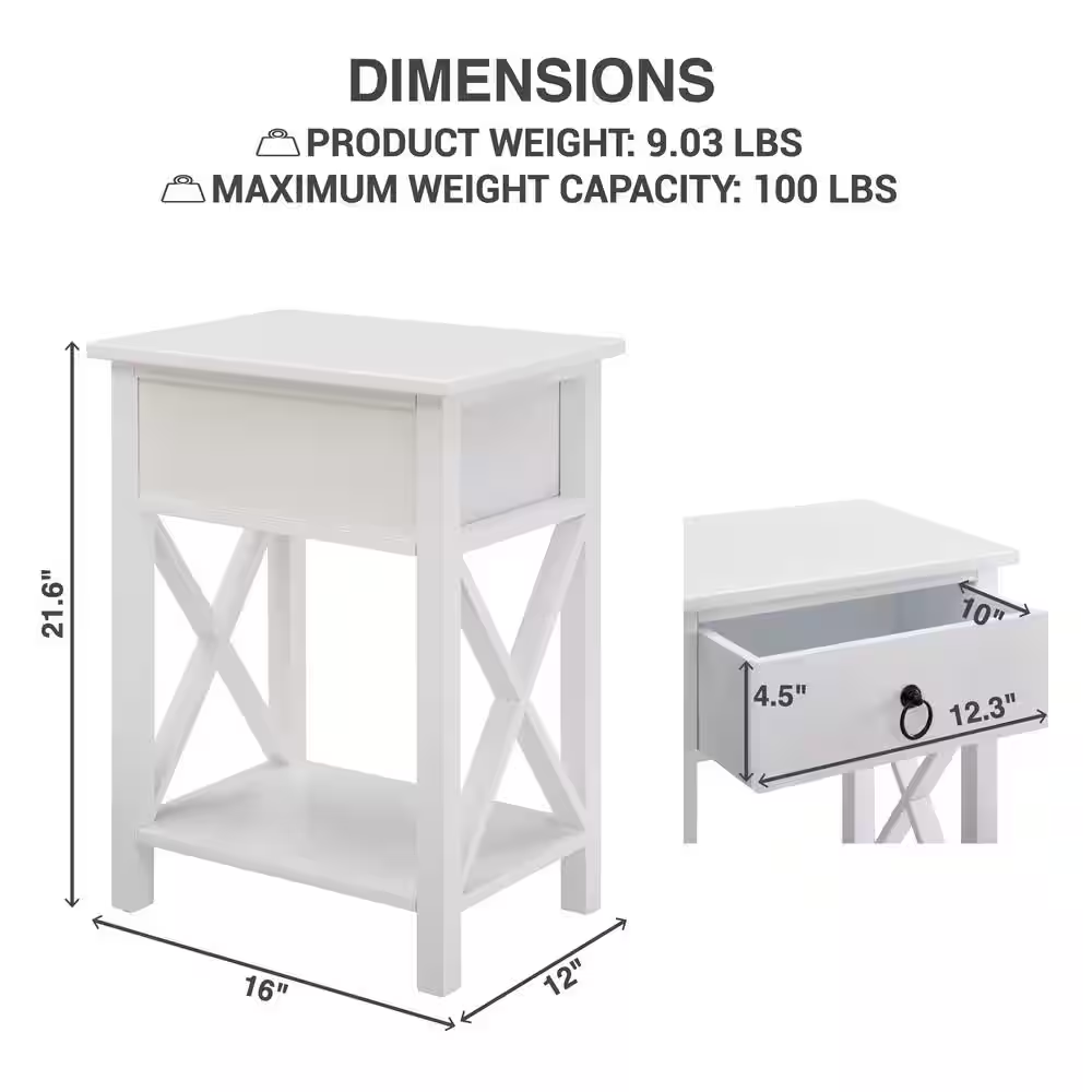 16 In. White Slim Wood End Table with Drawer and Shelf-Narrow Bedside Table for 