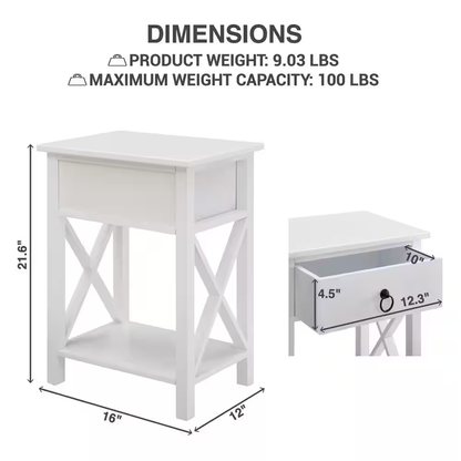 16 In. White Slim Wood End Table with Drawer and Shelf-Narrow Bedside Table for 