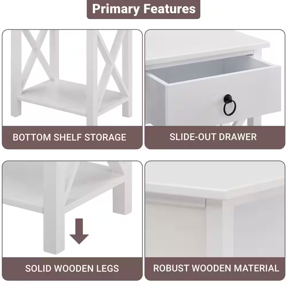 16 In. White Slim Wood End Table with Drawer and Shelf-Narrow Bedside Table for 