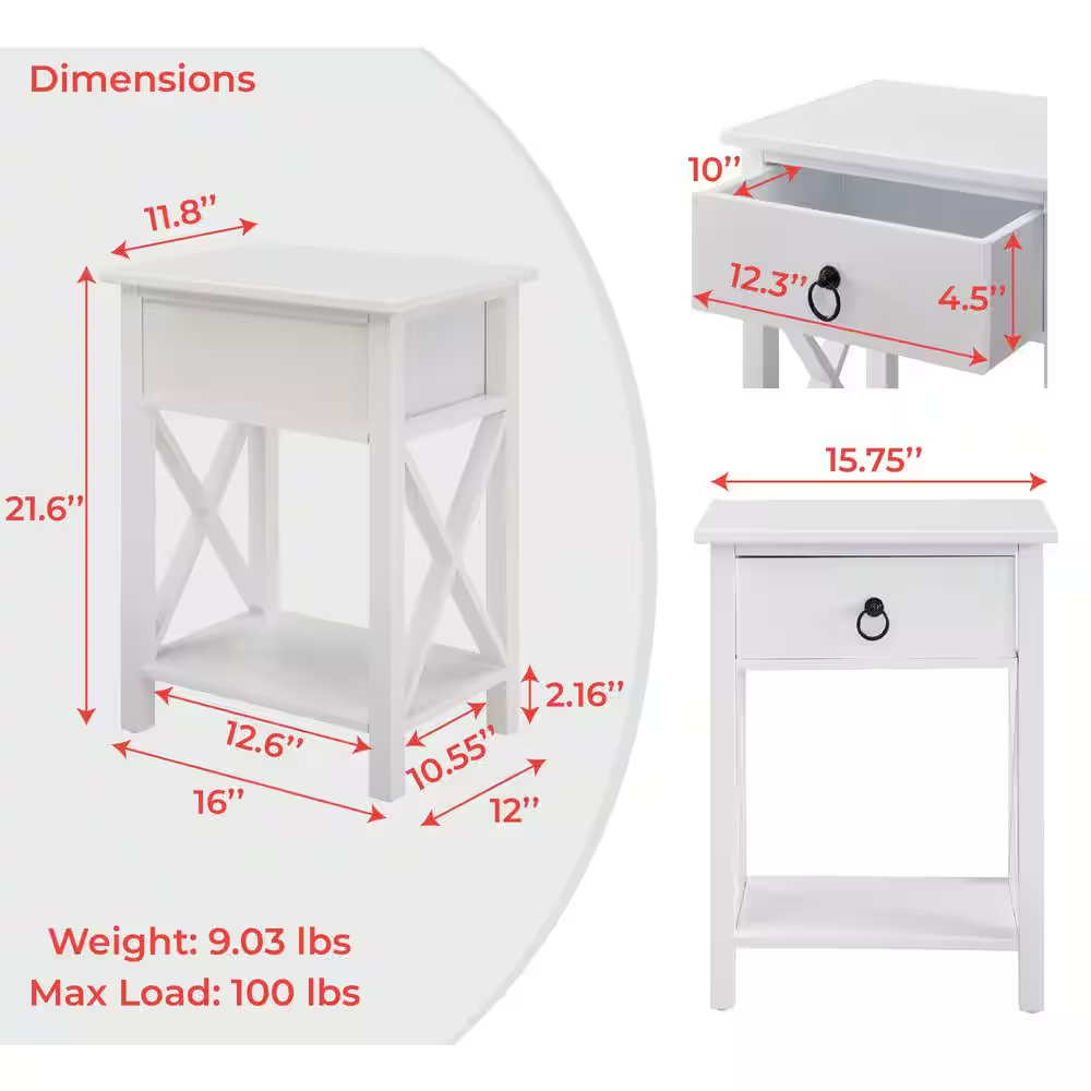 16 In. White Slim Wood End Table with Drawer and Shelf-Narrow Bedside Table for 