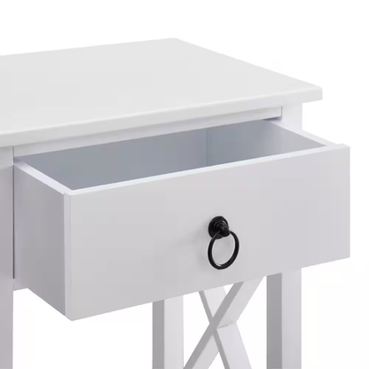 16 In. White Slim Wood End Table with Drawer and Shelf-Narrow Bedside Table for 
