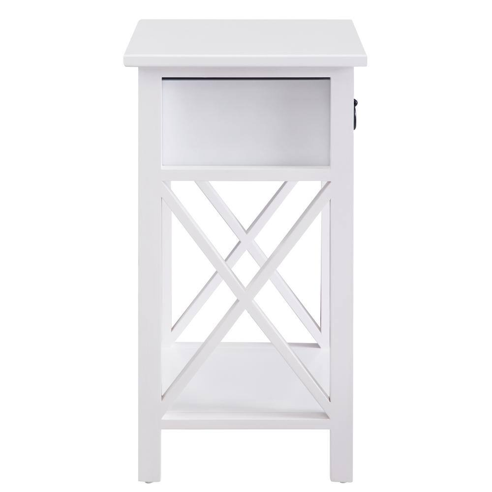 16 In. White Slim Wood End Table with Drawer and Shelf-Narrow Bedside Table for 