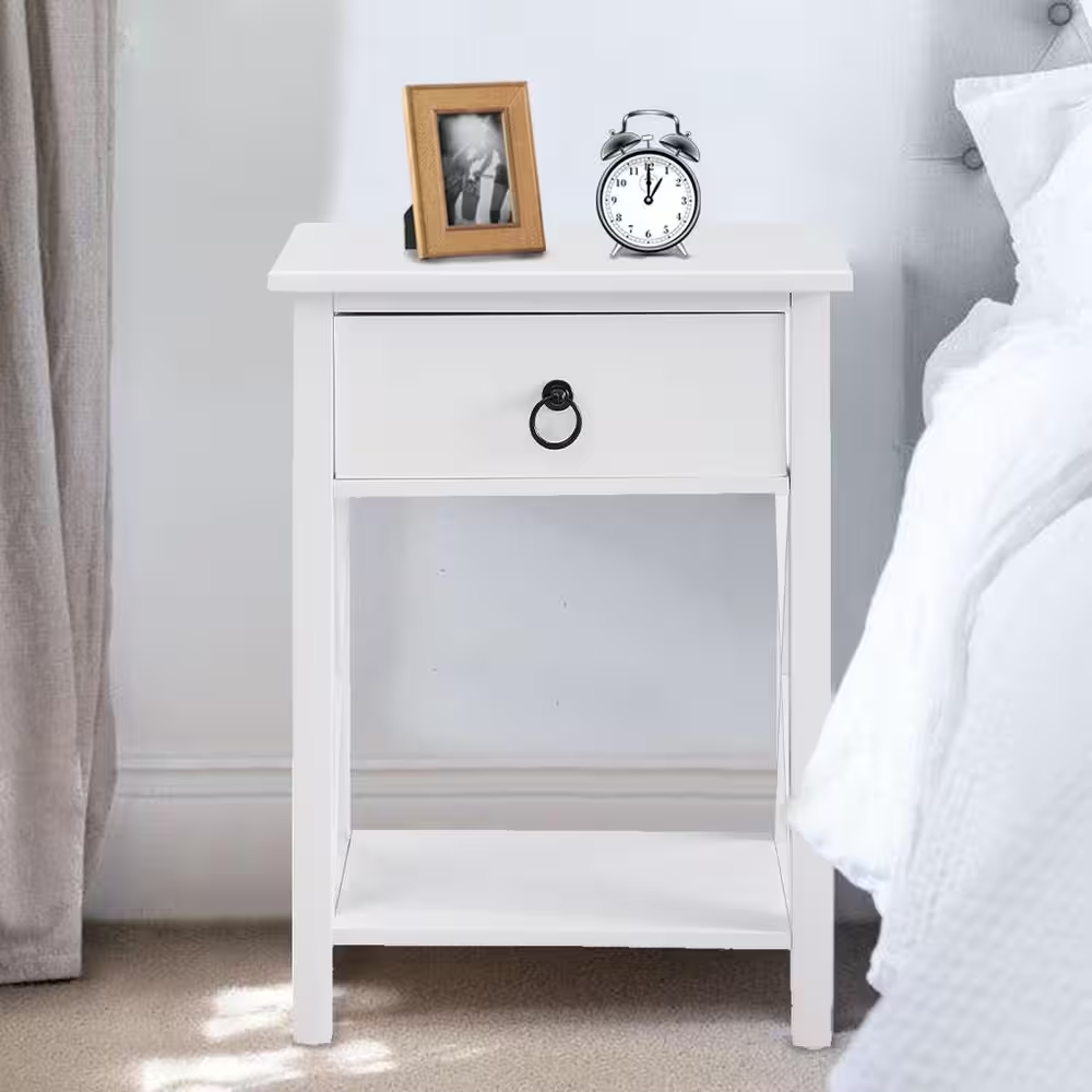16 In. White Slim Wood End Table with Drawer and Shelf-Narrow Bedside Table for 