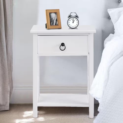 16 In. White Slim Wood End Table with Drawer and Shelf-Narrow Bedside Table for 