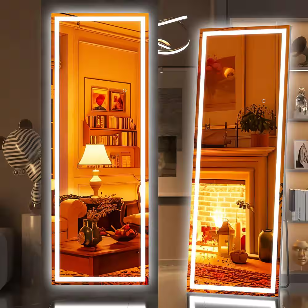 18 In. W X 58 In. H Square Black LED Lighted Floor Standing Mirror, Full Body Dr