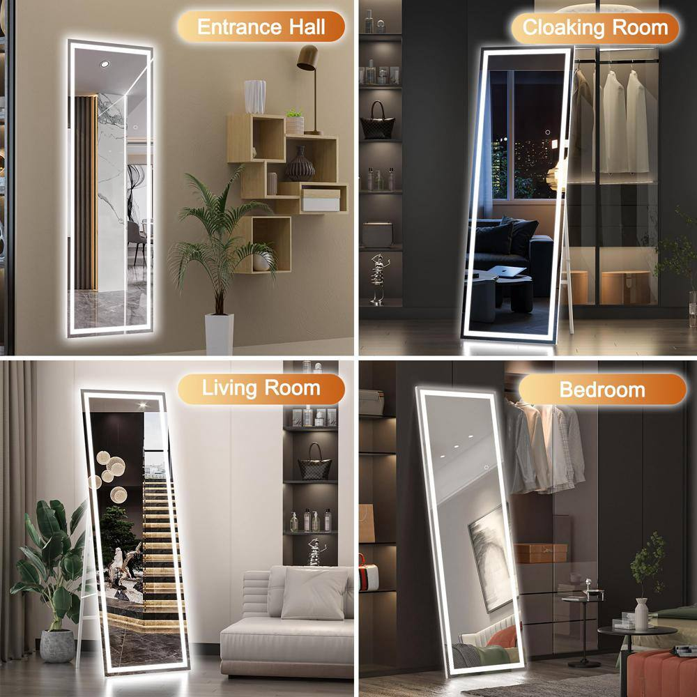 18 In. W X 58 In. H Square Black LED Lighted Floor Standing Mirror, Full Body Dr