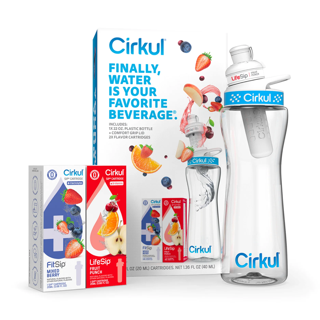 22 Oz Plastic Water Bottle Starter Kit with Blue Lid and 2 Flavor Cartridges (Fr