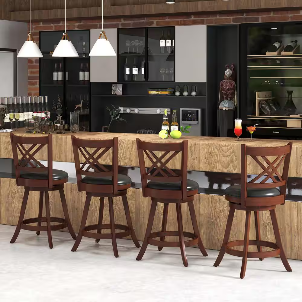 24 In. Brown High Back Wood Swivel Bar Stool Counter Stool with Faux Leather Sea