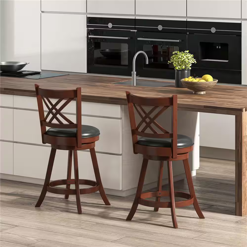24 In. Brown High Back Wood Swivel Bar Stool Counter Stool with Faux Leather Sea