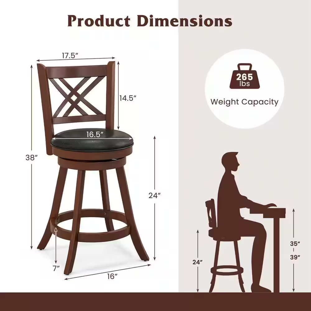 24 In. Brown High Back Wood Swivel Bar Stool Counter Stool with Faux Leather Sea