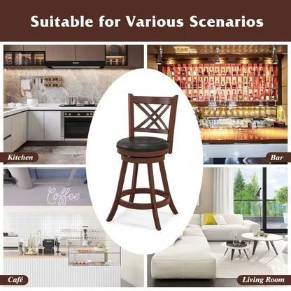 24 In. Brown High Back Wood Swivel Bar Stool Counter Stool with Faux Leather Sea