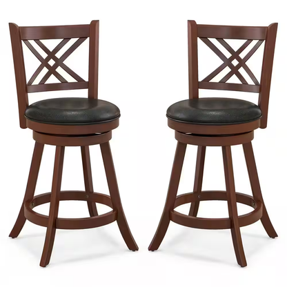 24 In. Brown High Back Wood Swivel Bar Stool Counter Stool with Faux Leather Sea