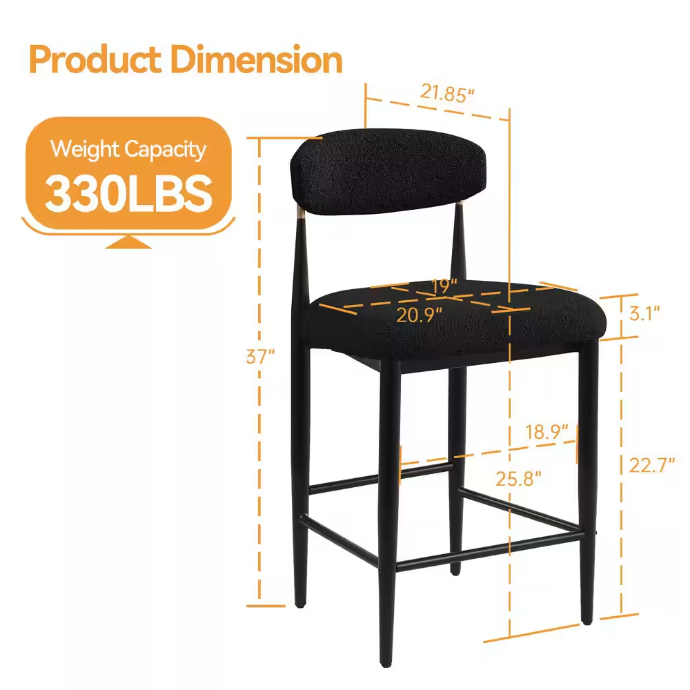 26 In. Black Boucle Counter Height Bar Stool (Set of 2) Dining Room Armless Chai