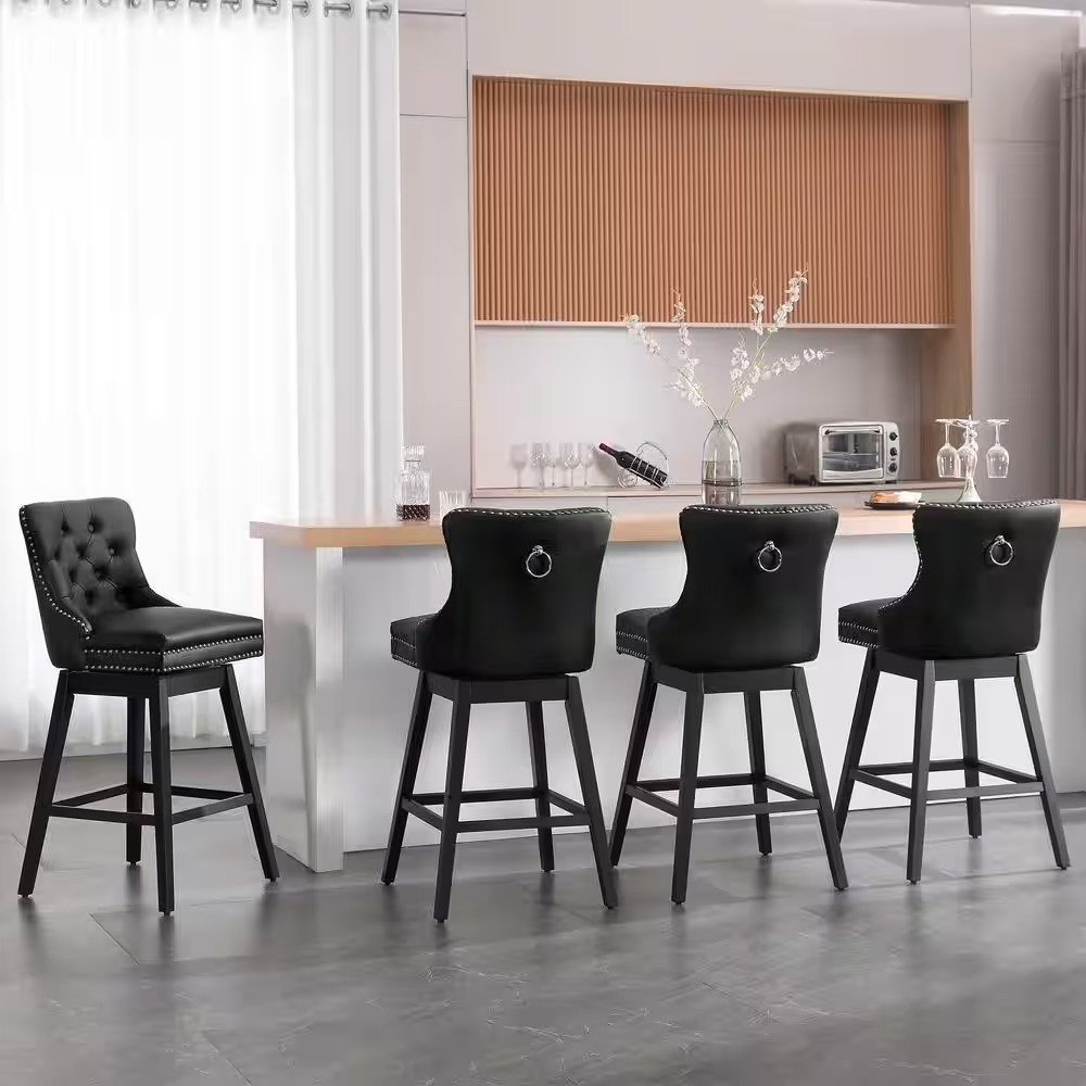 29 In. Black Faux Leather Upholstered Solid Wood Frame Bar Height Swivel Bar Sto