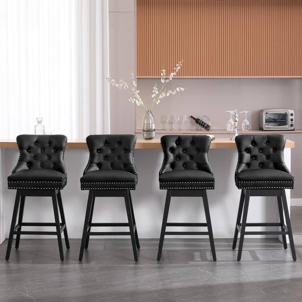 29 In. Black Faux Leather Upholstered Solid Wood Frame Bar Height Swivel Bar Sto