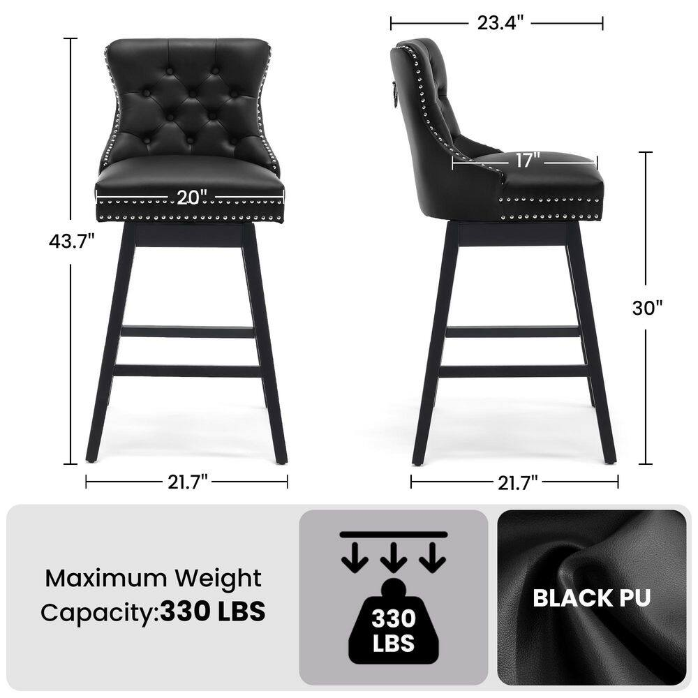 29 In. Black Faux Leather Upholstered Solid Wood Frame Bar Height Swivel Bar Sto