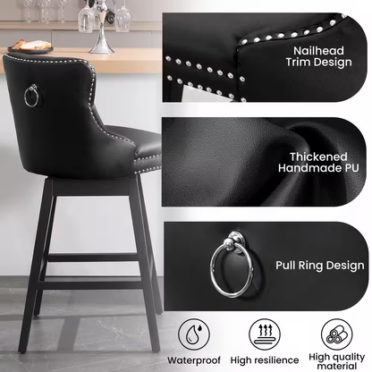 29 In. Black Faux Leather Upholstered Solid Wood Frame Bar Height Swivel Bar Sto