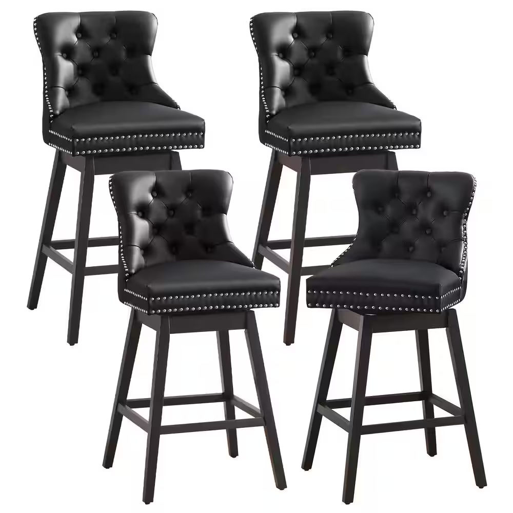 29 In. Black Faux Leather Upholstered Solid Wood Frame Bar Height Swivel Bar Sto
