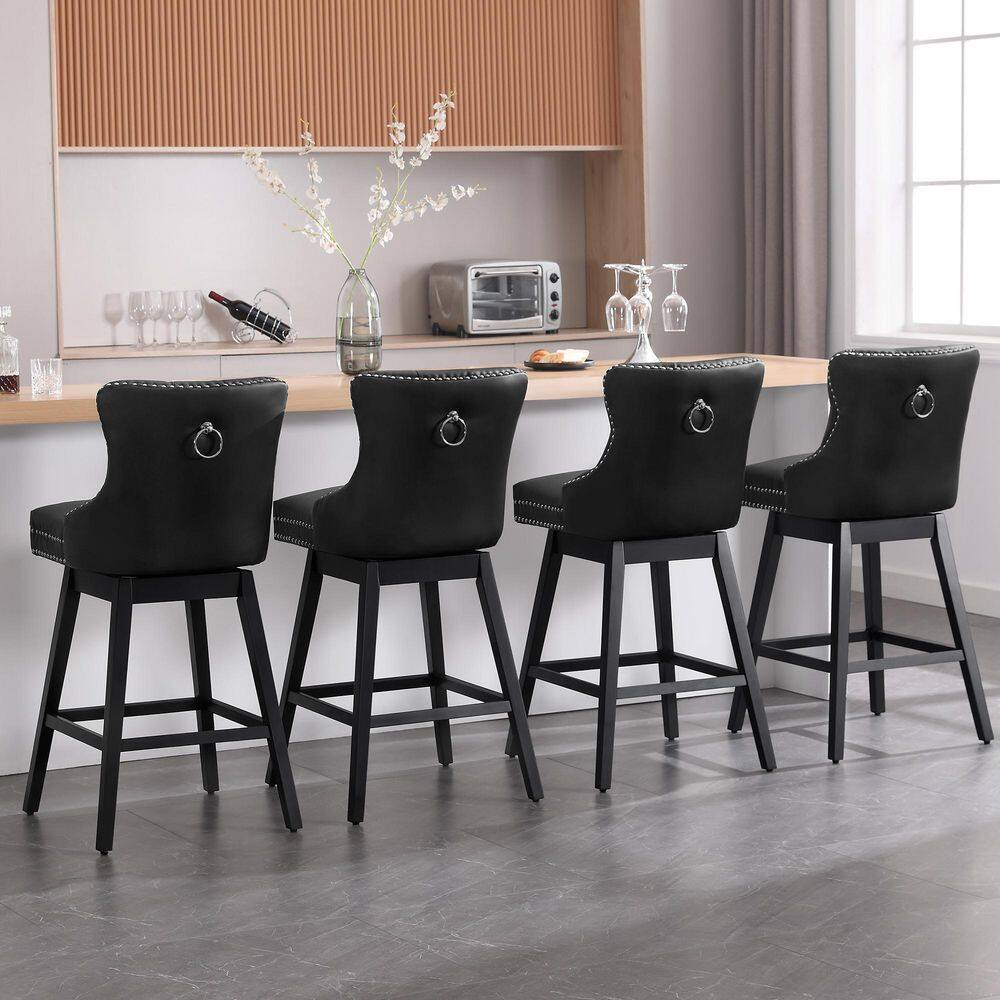 29 In. Black Faux Leather Upholstered Solid Wood Frame Bar Height Swivel Bar Sto
