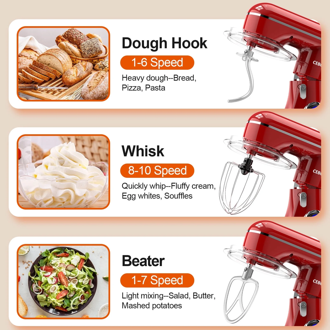 3-IN-1 Stand Mixer, 6.5 QT Tilt-Head 10-Speed Food Mixer, Kitchen Electric Mixer