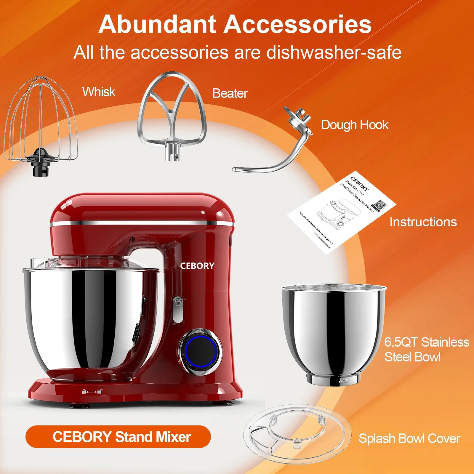 3-IN-1 Stand Mixer, 6.5 QT Tilt-Head 10-Speed Food Mixer, Kitchen Electric Mixer
