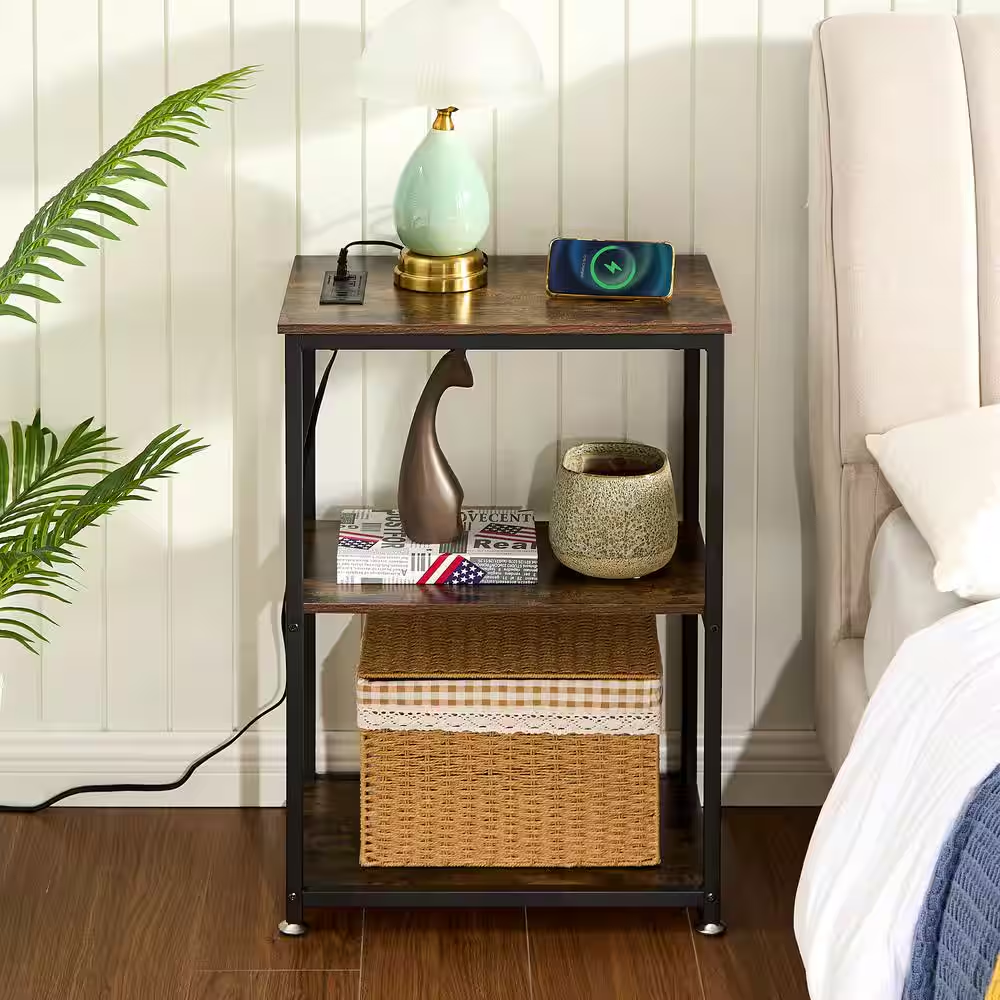 3-Tier Brown Side Table Stable Open Shelves with Metal Frames, End Table with Pl