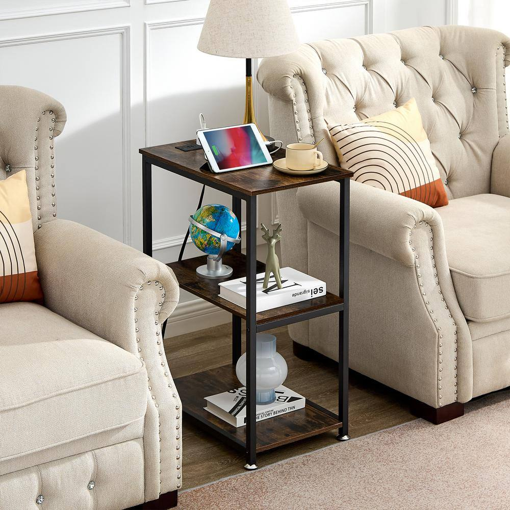 3-Tier Brown Side Table Stable Open Shelves with Metal Frames, End Table with Pl