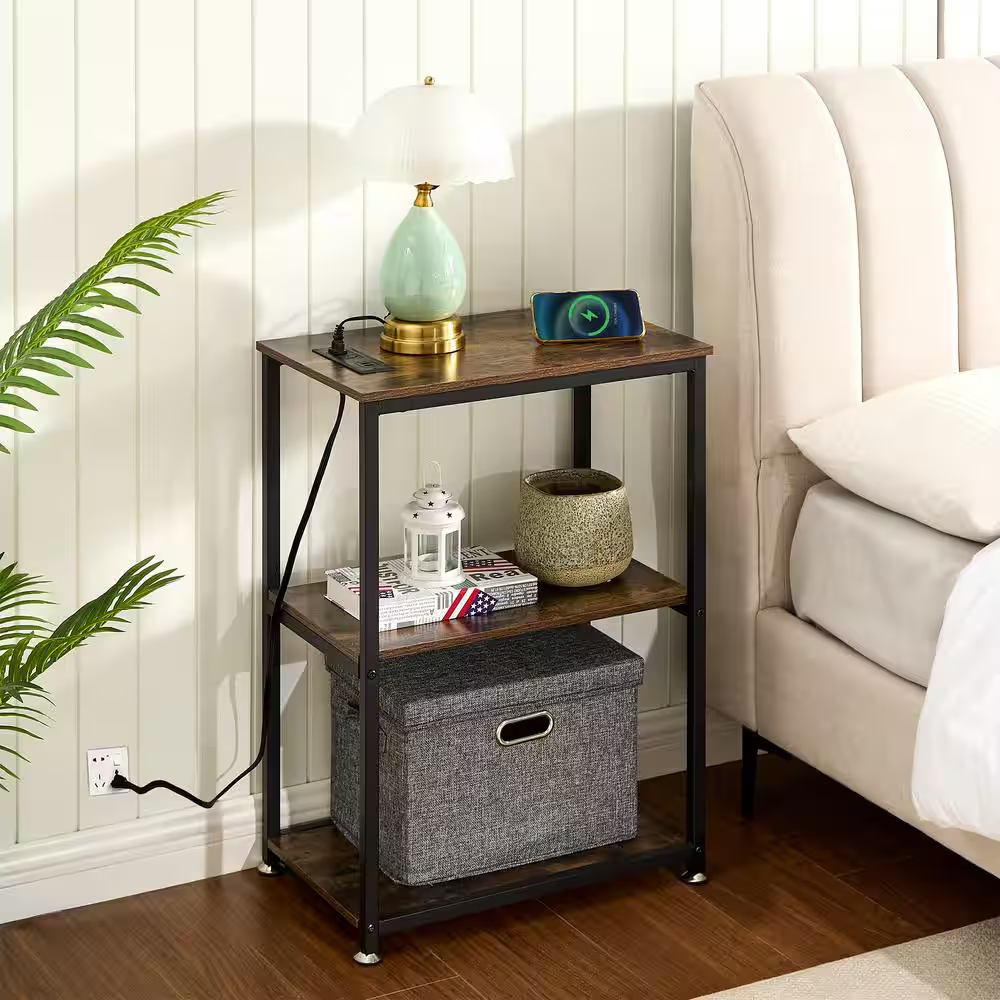 3-Tier Brown Side Table Stable Open Shelves with Metal Frames, End Table with Pl
