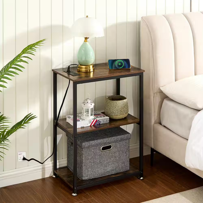 3-Tier Brown Side Table Stable Open Shelves with Metal Frames, End Table with Pl