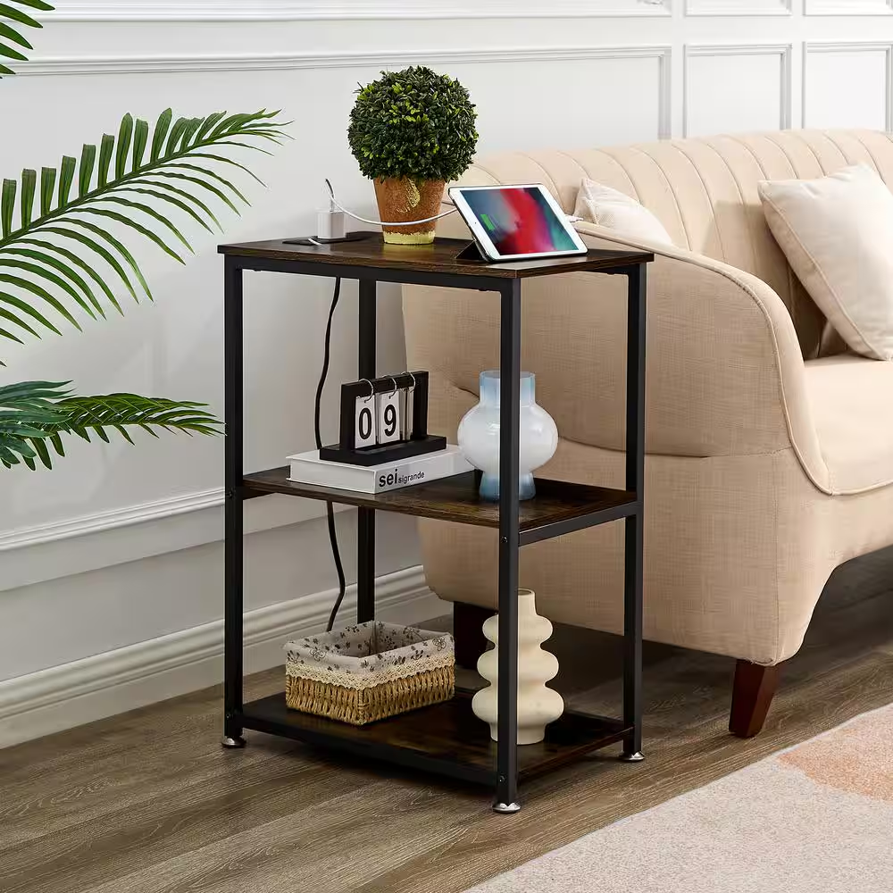 3-Tier Brown Side Table Stable Open Shelves with Metal Frames, End Table with Pl