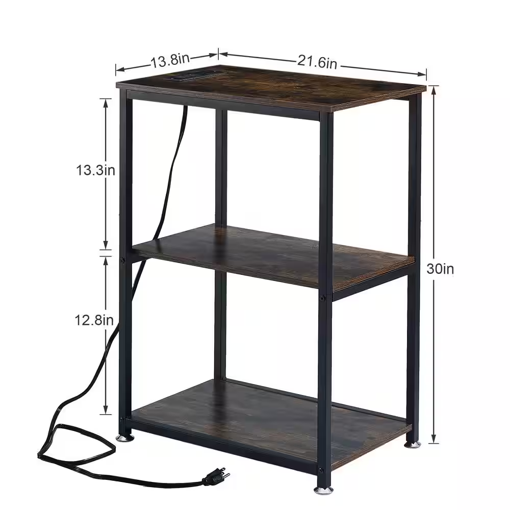 3-Tier Brown Side Table Stable Open Shelves with Metal Frames, End Table with Pl
