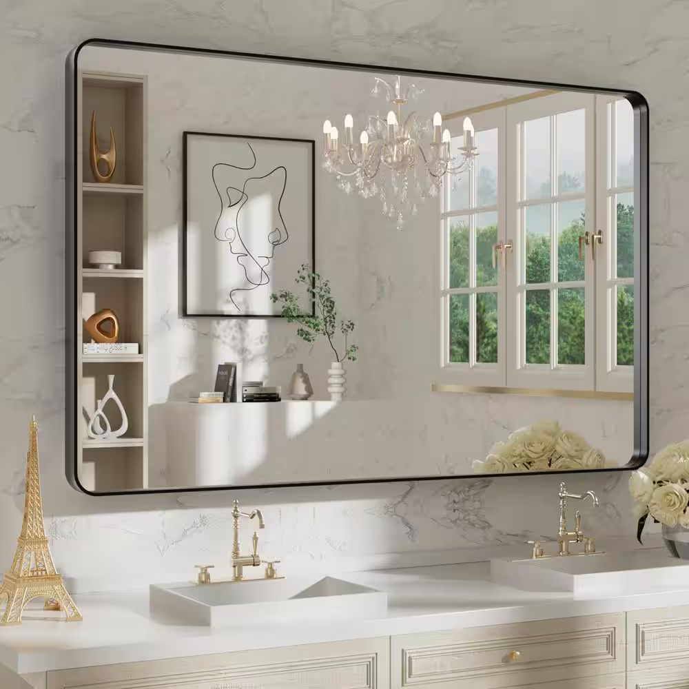 30 In. W X 48 In. H Rectangular Modern Aluminum Alloy Framed Rounded Black Wall 