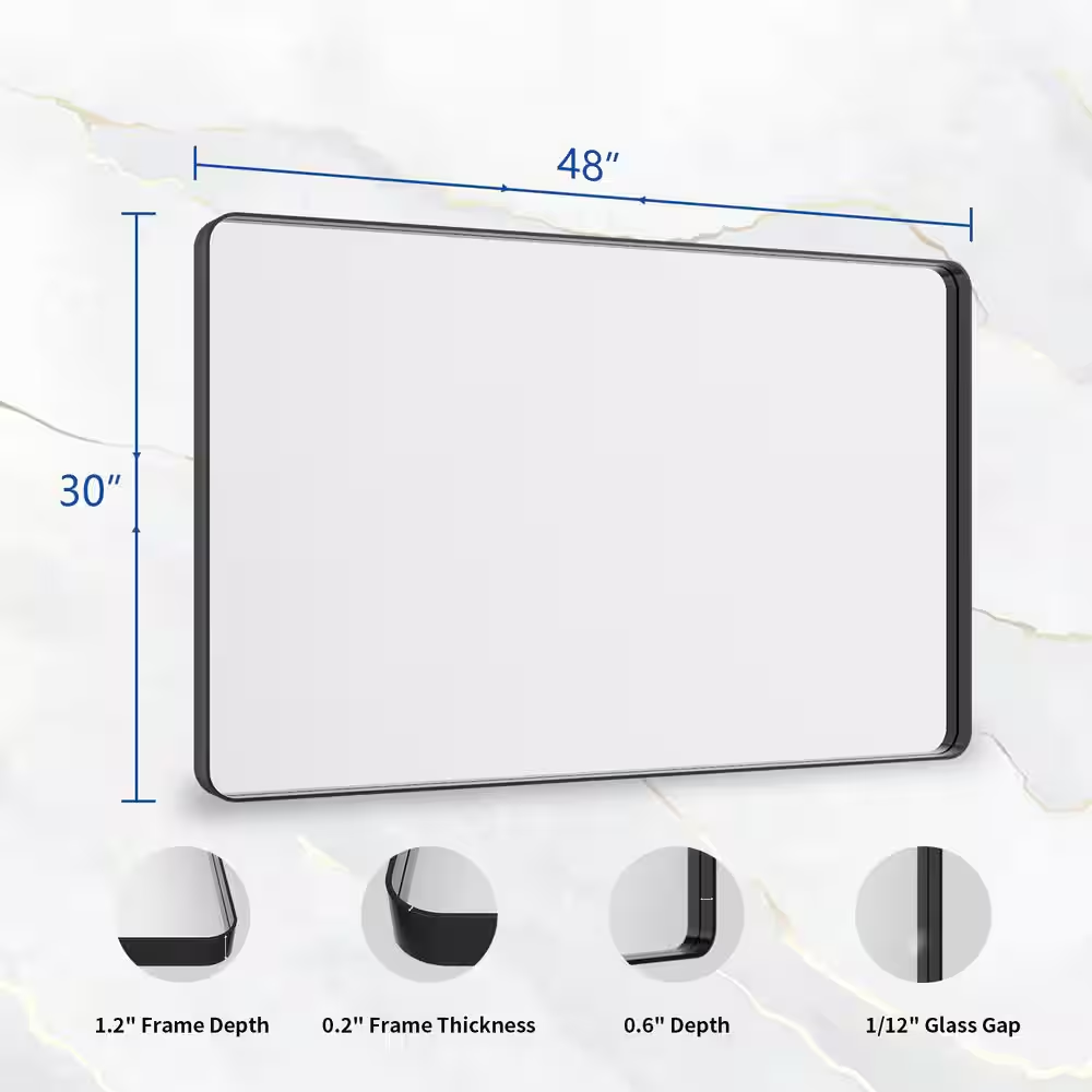 30 In. W X 48 In. H Rectangular Modern Aluminum Alloy Framed Rounded Black Wall 