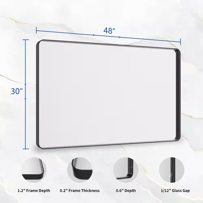 30 In. W X 48 In. H Rectangular Modern Aluminum Alloy Framed Rounded Black Wall 
