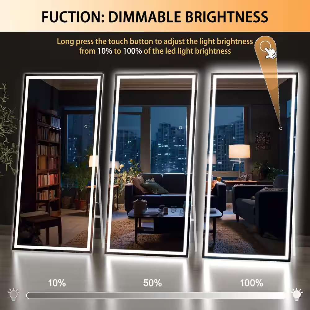 32 In. W X 71 In. H Square White LED Lighted Floor Standing Mirror, Hanging Moun