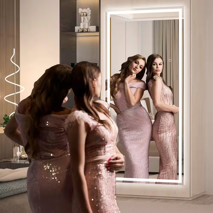 32 In. W X 71 In. H Square White LED Lighted Floor Standing Mirror, Hanging Moun