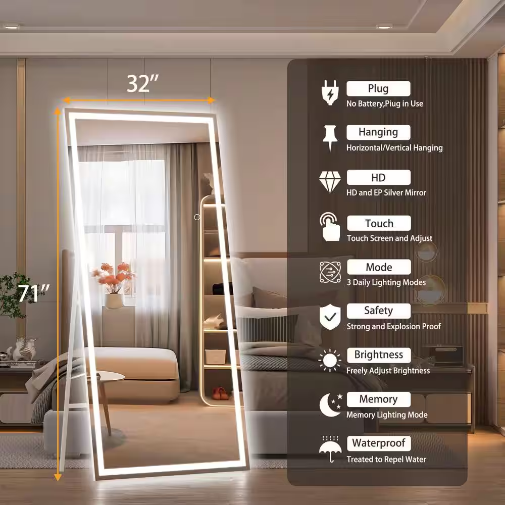 32 In. W X 71 In. H Square White LED Lighted Floor Standing Mirror, Hanging Moun